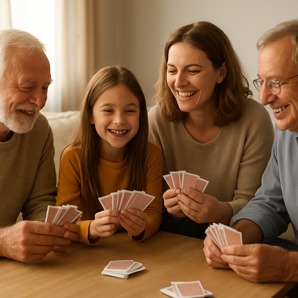 Family of multiple generations playing a card game together