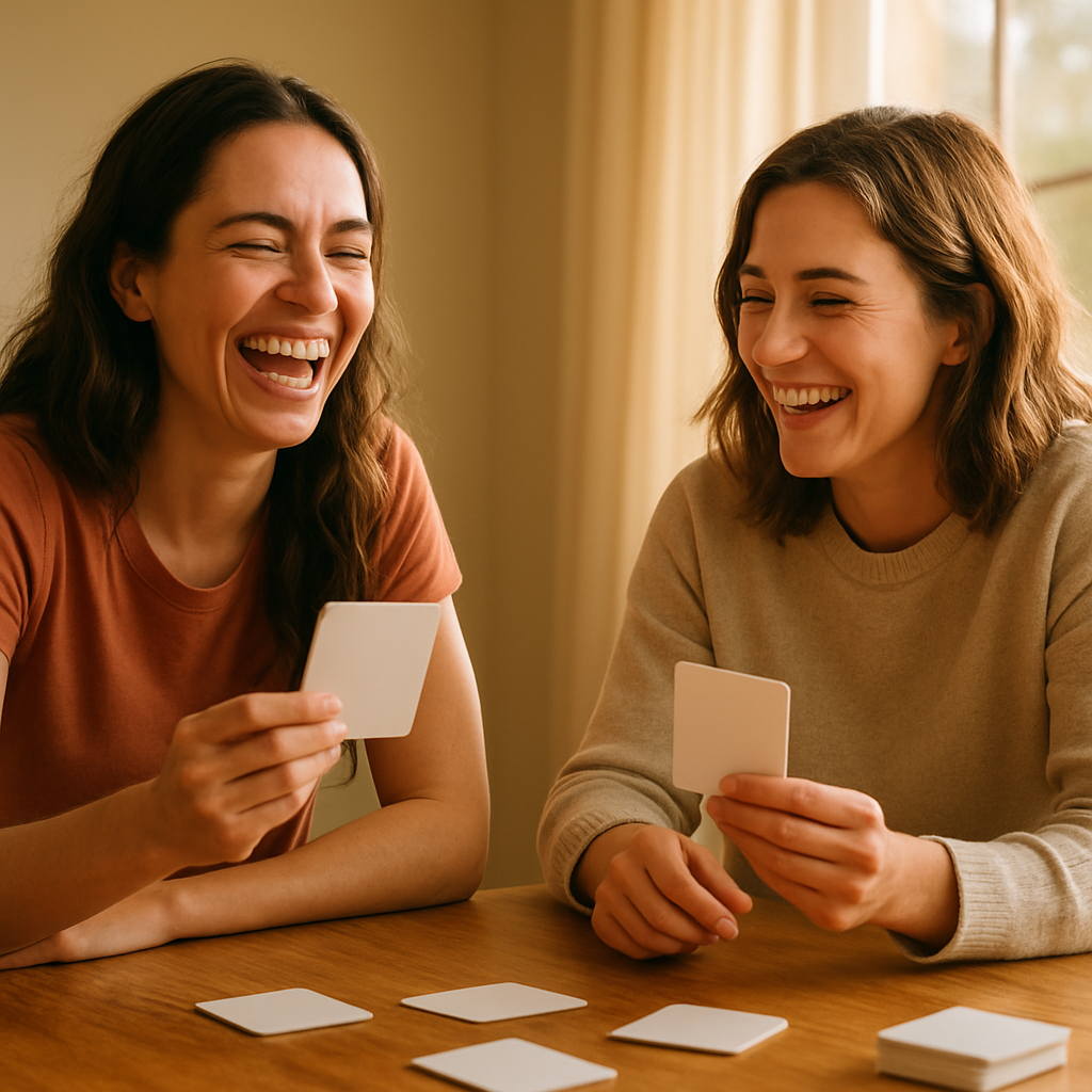 Friends laughing while playing a conversation card game