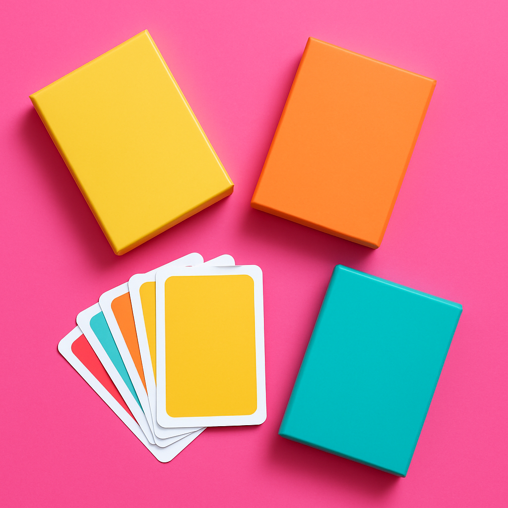 Colorful conversation card game boxes with question cards fanned out